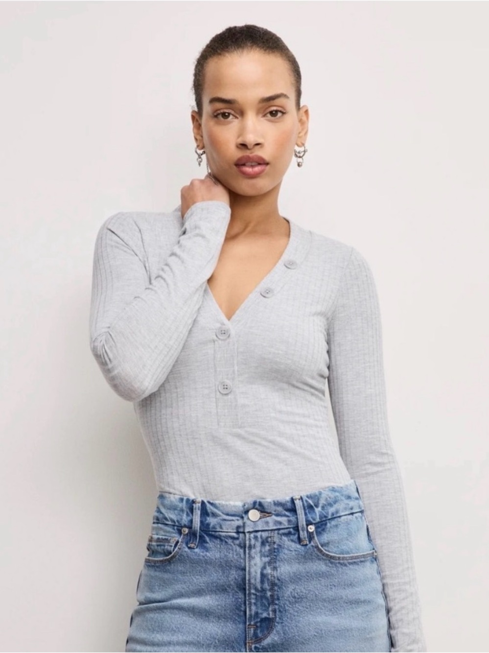 Good American Gray Ribbed Henley Bodysuit Size S $109 Retail NWOT